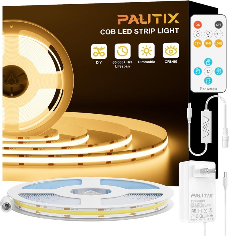 PAUTIX COB LED Strip Light,LED Lights 16.4ft,UL Listed Warm White 2700K Dotless Strip Lights,CRI93+ Super Bright Dimmable 24V Flexible Tape Light with RF Remote,for Cabinets,Kitchen Office Lighting - Image 1
